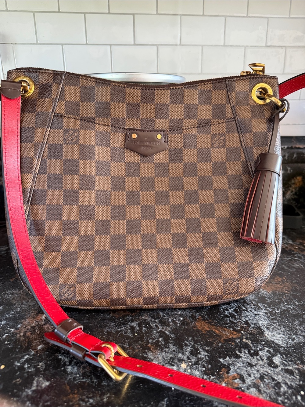 Louis Vuitton Brown Damier Canvas Shoulder Bag with Red Strap